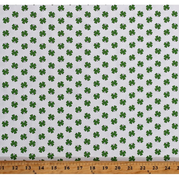 Cotton Shamrocks Green Four-Leaf Clovers Saint Patrick's Day Irish Hello Lucky White Cotton Fabric Print by the Yard (9735-6)
