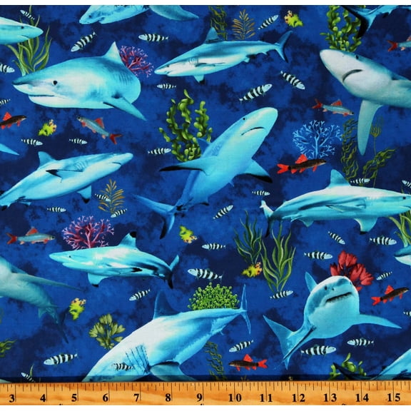 Cotton Sharks Coral Reef Fish Marine Aquatic Animals Water Ocean Habitat Royal Blue Cotton Fabric Print by the Yard (SEA-CD3132-DEEP)