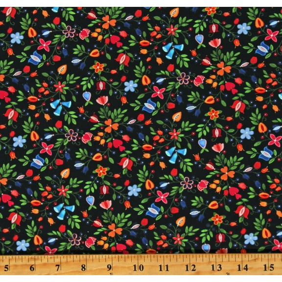 Cotton Shawl Dancers Flowers Floral Black Cotton Fabric Print by the Yard (32002BLACK)