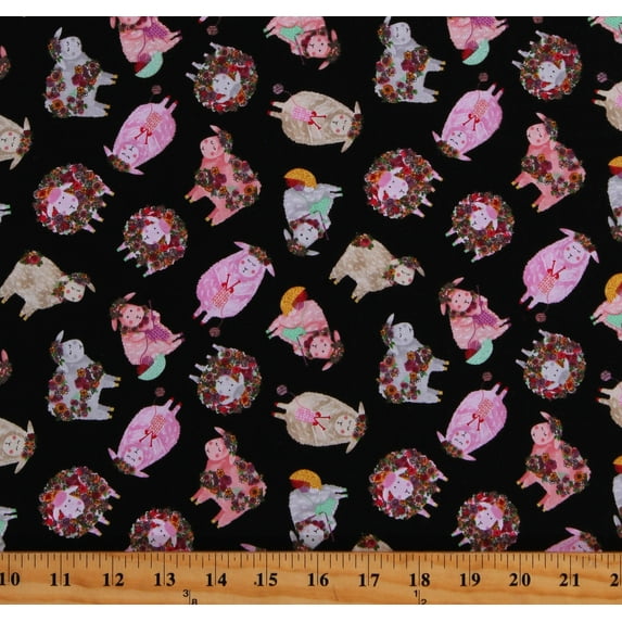 Cotton Sheep Lambs Knitting Sewing Yarn Flowers Animals Black Cotton Fabric Print by the Yard (GAIL-1091-CHARCOAL)