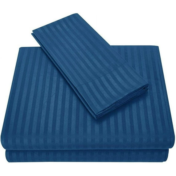 Cotton Sheet Sets 4PC Soft & 100% Egyptian Cotton - Luxury 600TC and Deep Pocket 16 inch Fitted Sheet, Flat Sheet and Pillowcases Bedding Sets - Royal Blue Stripe, King Size.
