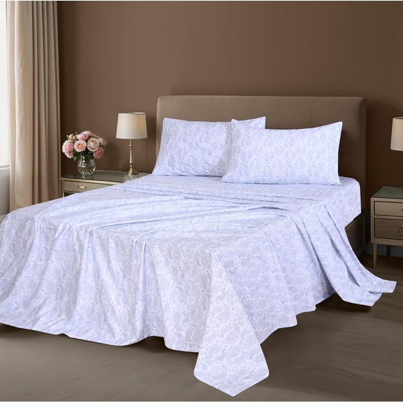 Cotton Sheets - Cooling & Crisp Full Size Percale Bed Sheets, 16" Deep Pockets Full Bedding Set, Lightweight & Breathable, , 4 Pieces, Paisley Imprint