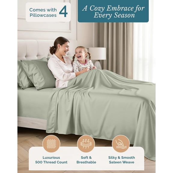 Cotton Sheets Queen, 500 Thread Count Silky Buttery Soft Sateen Finish, Soft and Smooth Sheets Cotton Queen Sheet Set, 15 Inch Deep Pocket Fitted Sheet with Pillowcases – Silver