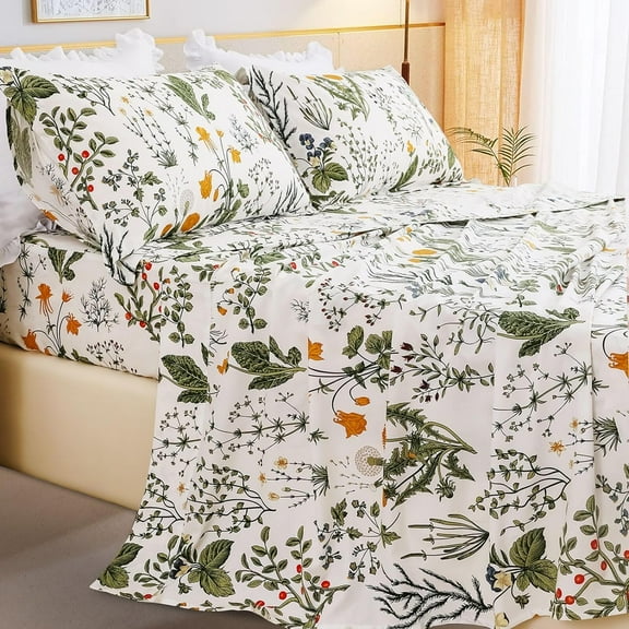 Cotton Sheets for Queen Size, Yellow Flowers Plant Pattern Botanical Luxury Cotton Printed Bedding Sheets Queen Soft and Breathable 4pcs Deep Pocket Queen Sheet Set