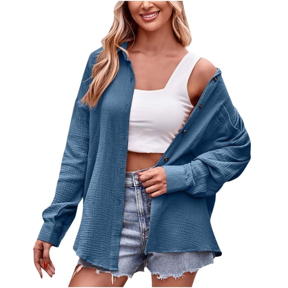 Cotton Shirt Jacket for Women Button Down Blouse Casual Lapel Collar Long Sleeve Outerwear Top with Chest Pocket (X-Large, Blue)