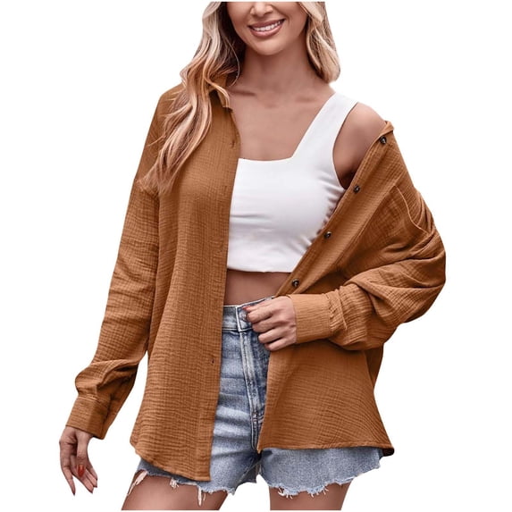 Cotton Shirt Jacket for Women Button Down Blouse Casual Lapel Collar Long Sleeve Outerwear Top with Chest Pocket (XX-Large, Coffee)