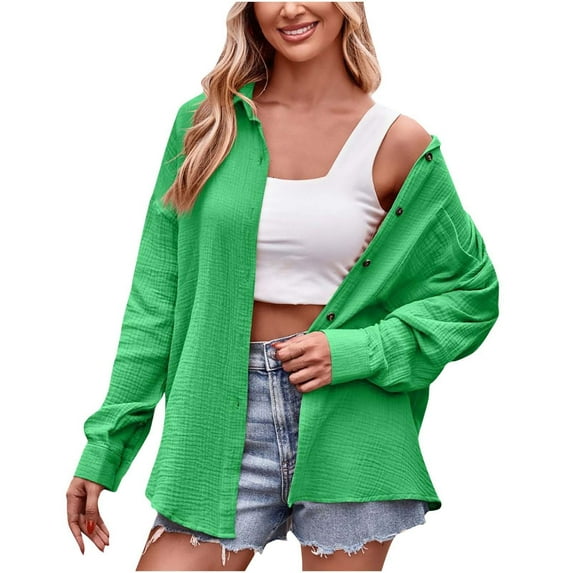 Cotton Shirt Jacket for Women Button Down Blouse Casual Lapel Collar Long Sleeve Outerwear Top with Chest Pocket (XX-Large, Green)