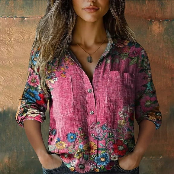 Cotton Shirt, Printed Button Up, 7/4 Sleeves Casual Top, Smooth Soft, Pink M, Size S-XXXXXL