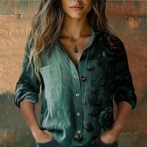 Cotton Shirt, Printed Button Up, 7/4 Sleeves Casual Top, Wrinkle-Resistant, Green 3XL, Size S-XXXXXL