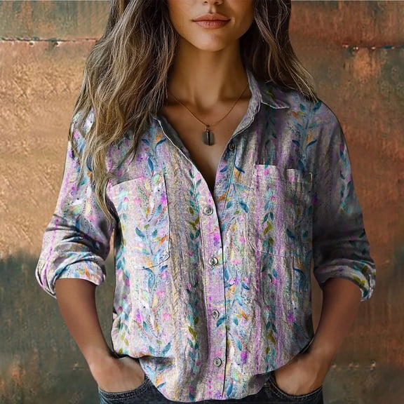 Cotton Shirt, Printed Button Up, 7/4 Sleeves Casual Top, Wrinkle-Resistant, Purple 3XL, Size S-XXXXXL