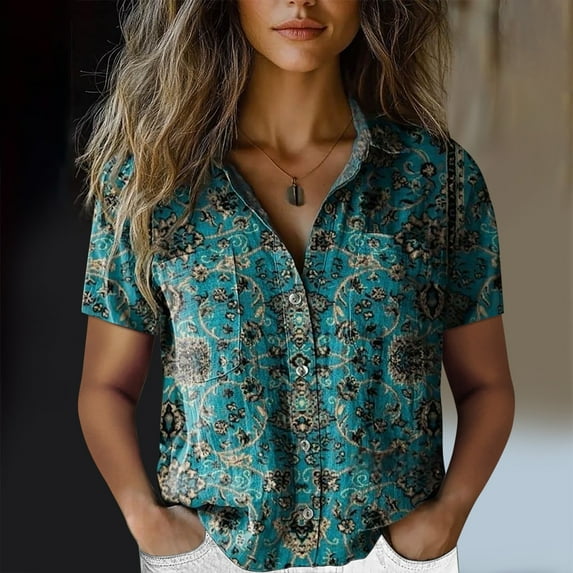 Cotton Shirt Printed Fashion Down Casual Tops Short Sleeve Blouse, Green L, Size S-XXXXXL