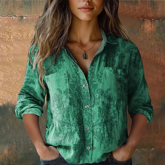 Cotton Shirt, Printed Fashionable, 7/4 Sleeves Button Up Casual Top, Green M, Size S-XXXXXL