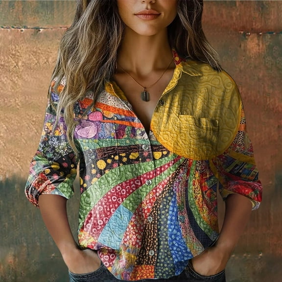 Cotton Shirt, Printed Fashionable Button Up, 7/4 Sleeves Casual Top, Yellow 4XL, Size S-XXXXXL