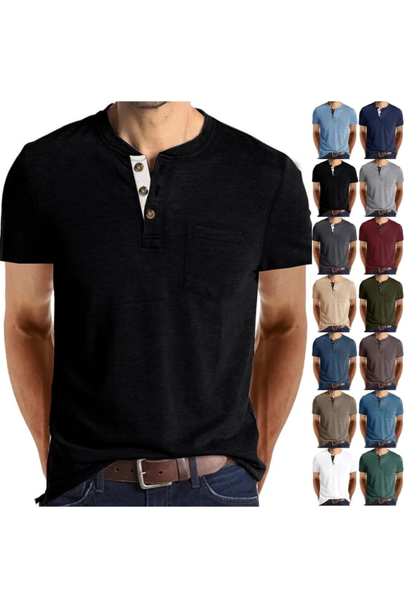 Cotton Shirt for Men Short Sleeve Chest Pocket Tee Solid Color Henley Collar Button Front Classic Fit Regular Casual T-Shirt, #01 Black, M