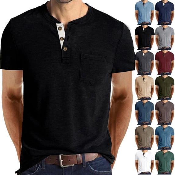 Cotton Shirt for Men Short Sleeve Chest Pocket Tee Solid Color Henley Collar Button Front Classic Fit Regular Casual T-Shirt, #01 Black, XL