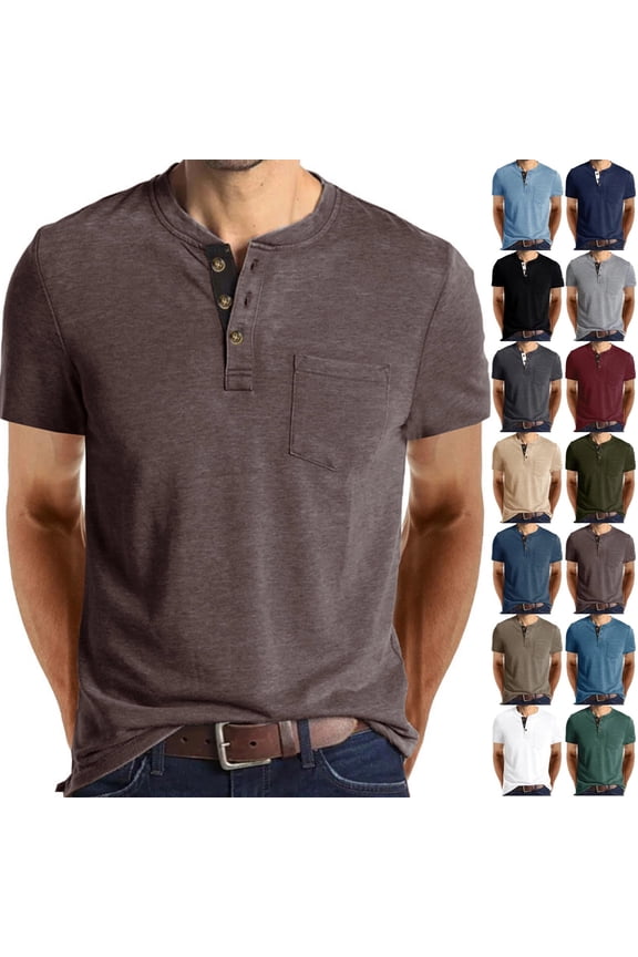 Cotton Shirt for Men Short Sleeve Chest Pocket Tee Solid Color Henley Collar Button Front Classic Fit Regular Casual T-Shirt, #01 Coffee, L
