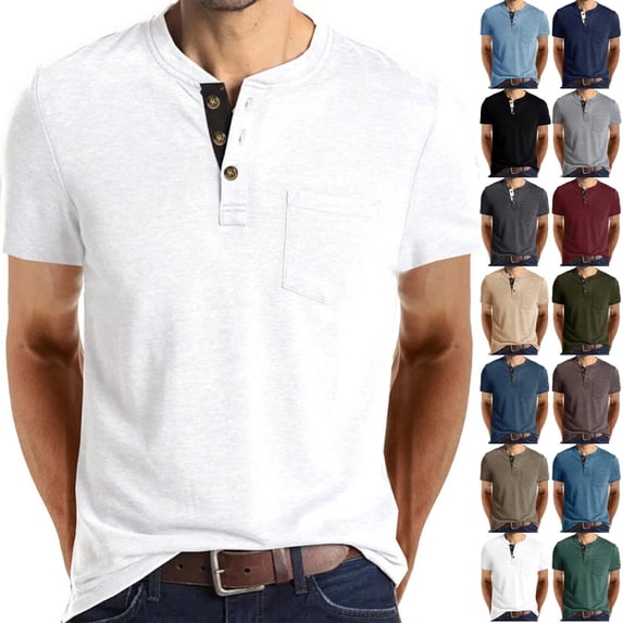 Cotton Shirt for Men Short Sleeve Chest Pocket Tee Solid Color Henley Collar Button Front Classic Fit Regular Casual T-Shirt, #01 White, M