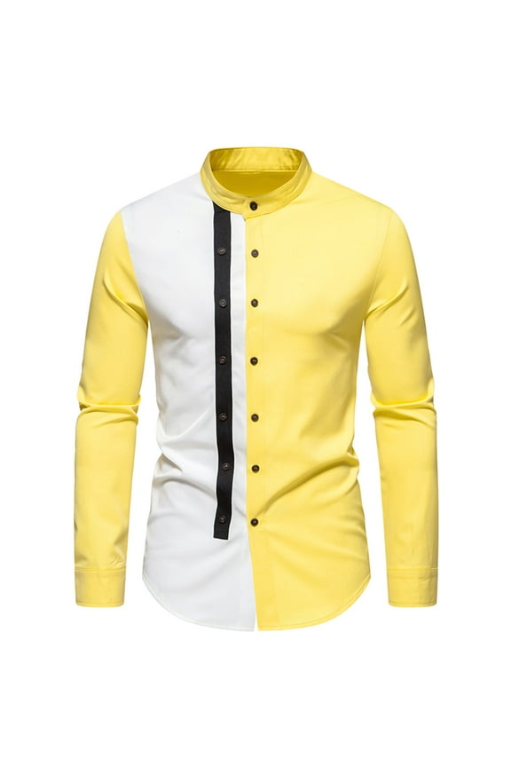 Cotton Shirts Mens Patchwork Long Sleeve Shirts Color Block Button Tops Fashion Stand Collar Shirt for Party Wedding