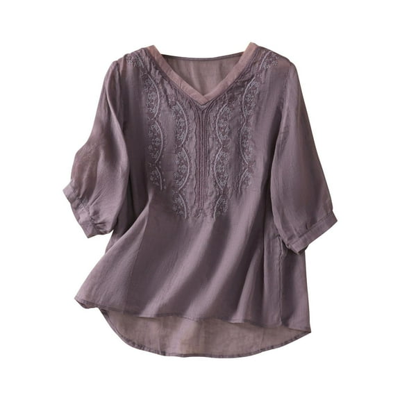 Cotton Shirts for Women, Yigetop Floral Embroidered Tops Cotton Linen Shirts Boho Ethnic Style Tee Women 3/4 Sleeve V Neck Button Tunic Tshirt Breathable Shirts for Women Purple 2XL