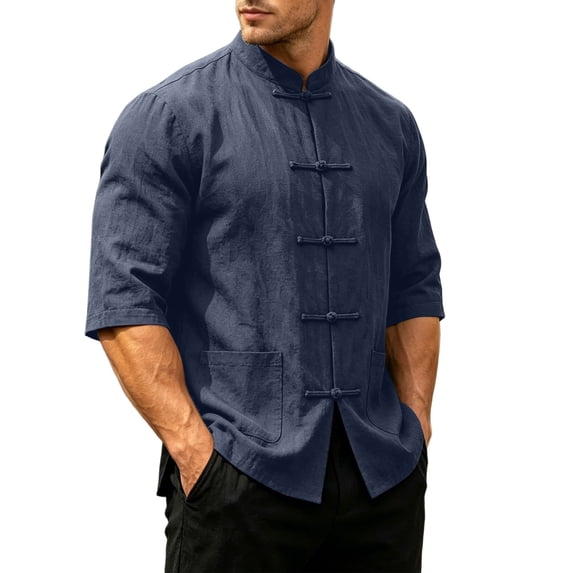 Cotton Shirts for Men New Chinese Style Tang Shirt Stand Collar Solid Color Short Sleeve Top with Pocket Soft Comfort Casual Tee Shirts