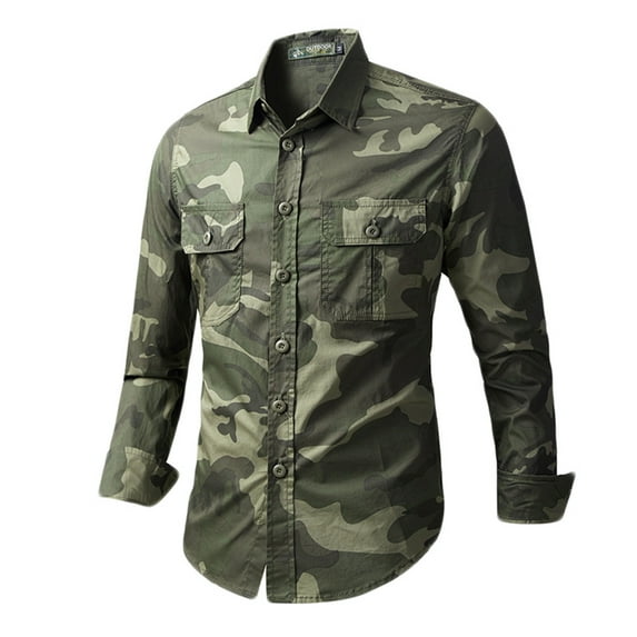 Cotton Shirts for Men with Pockets Big and Tall Plus Size Long Sleeve Button-Down Collared Shirt Casual Camouflage Printed Slim Outdoor Hiking Tops