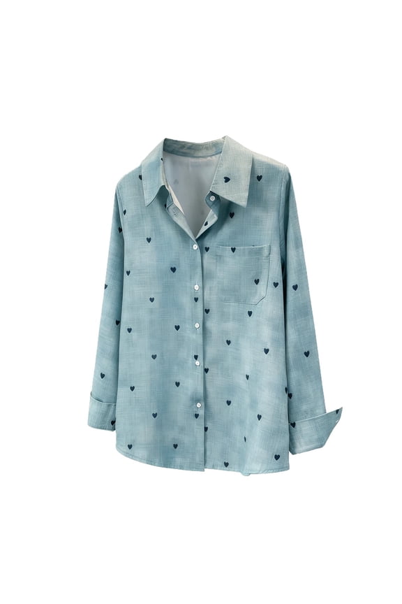 Cotton Shirts for Woman Casual Heart Print Collared Long Sleeve Blouses Button Down Tunic Plus Size Tops With Pockets