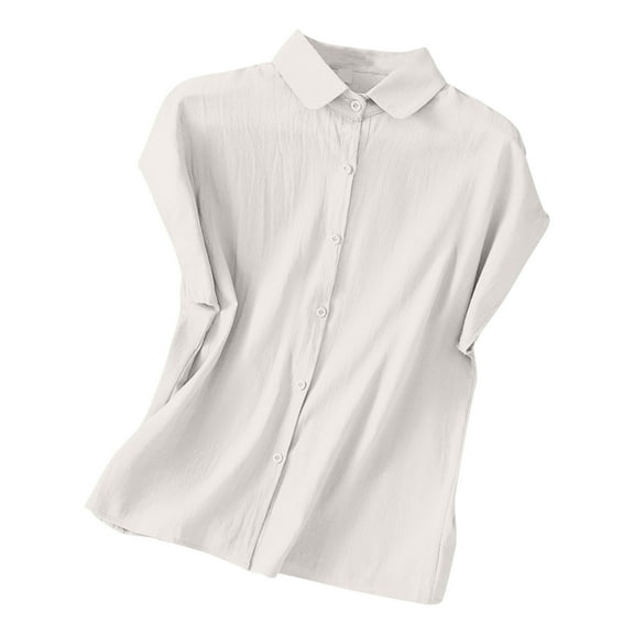 Cotton Shirts for Women Button Down Collared Blouses Cap Sleeve Summer Casual Cozy Loose Fit Tops (XL, White)