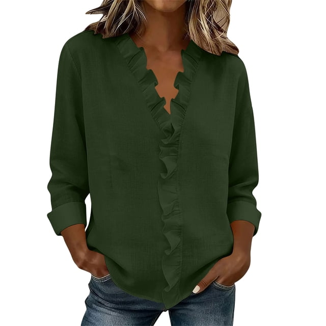 Cotton Shirts for Women Button Down Shirts Casual Solid Color Long Sleeved Shirt Collar Tops
