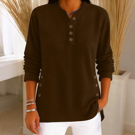 Cotton Shirts for Women Spring Lightweight Henley Tees Long Sleeve Button Up V-Neck Corduroy Tops with Buttons S-3XL