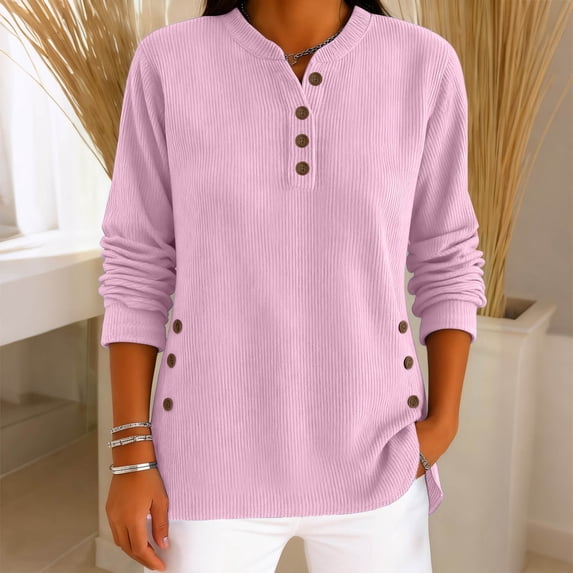 Cotton Shirts for Women Spring Lightweight Henley Tees Long Sleeve Button Up V-Neck Corduroy Tops with Buttons S-3XL