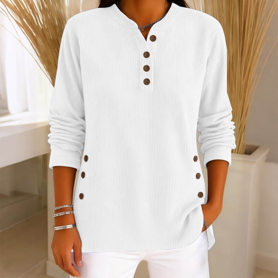 Cotton Shirts for Women Spring Lightweight Henley Tees Long Sleeve Button Up V-Neck Corduroy Tops with Buttons S-3XL