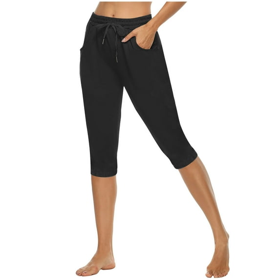 Cotton Short Pants for Women Summer Casual Sports Activewear Knee Length Shorts Drawstring Elastic Waist Capris (XL, Black)