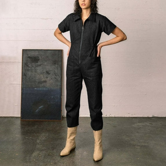 Cotton Short Sleeve Jumpsuits for Women Black Zip Up Mock Neck Cropped Utility Jumpsuit Women's Casual Outfit With Pockets 3XL