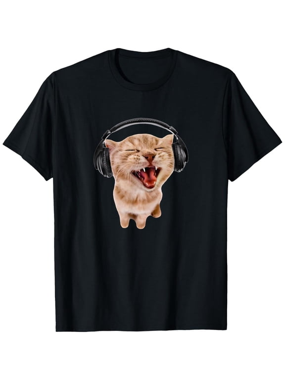 Cotton Short Sleeve Silly Cat With Headphones T-Shirt for Men Women