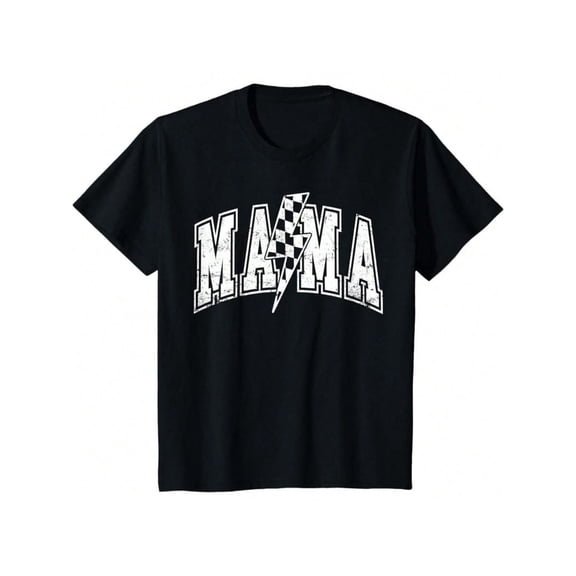 Cotton Short Sleeve T-Shirt Mama Lightning Bolt Checkered Varsity Mom Mother's Day T-Shirt Baseball Black Graphic Tees