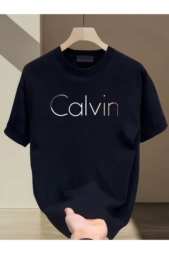 Cotton Short Sleeve T-Shirt - Navy Blue CALVIN Graphic Print, Loose Fit Casual Summer Top, 200gsm Breathable Fabric, Machine Washable for Casual Attire & Holidays