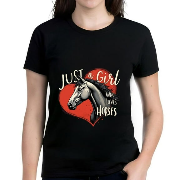 Cotton Short Sleeve T-Shirt for Women - Grayscale Horse Head Graphic Above Red Heart - " Just a Girl Who Loves Horses " Design - Perfect Gift for Horse Lovers