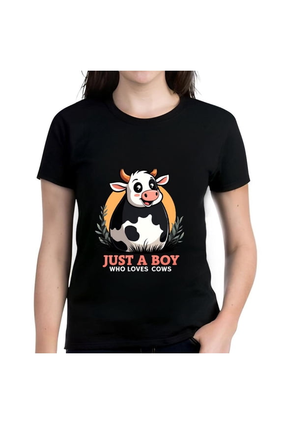 Cotton Short Sleeve T-Shirt for Boys - Cartoon Cow Design with Cheerful Expression Black Tee with Bold " JUST A BOY WHO LOVES COWS " Text