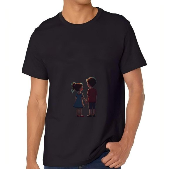 Cotton Short Sleeve T-Shirt for Men - Cute Graphic Holding Hands in Blue Dress & Red Shirt - Warm Gentle Design on Dark Background