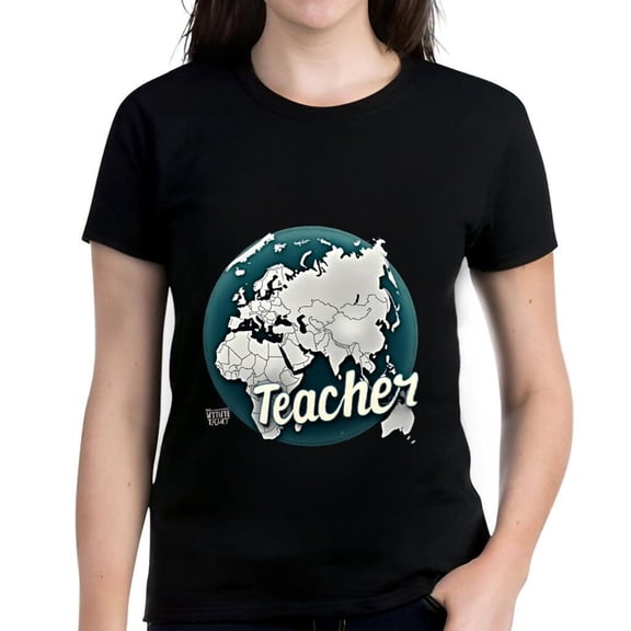 Cotton Short Sleeve T-Shirt for Teachers - World Map Graphic Design with 'Teacher' in Cursive Font - Stylish and Comfortable Top