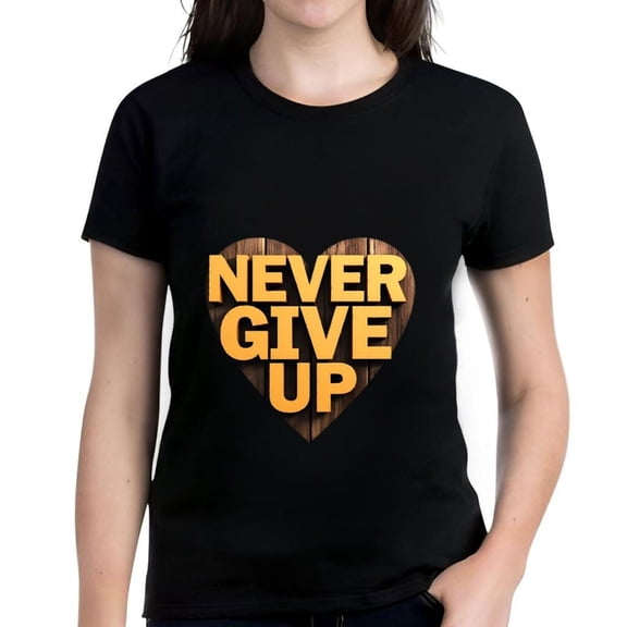 Cotton Short Sleeve T-Shirt for Women - Black Tee with Bold Yellow ' NEVER GIVE UP ' Text & Wooden Heart Design