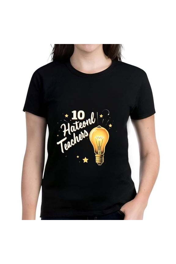 Cotton Short Sleeve T-Shirt for Women - Black Tee with Light Bulb & Stars Design " 10 Hatcon Teachers " Graphic Round Neckline