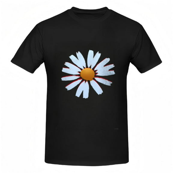 Cotton Short Sleeve T-Shirt for Women - Black Tee with White Daisy Design Yellow Center & Red Outline Stylish Casual Top