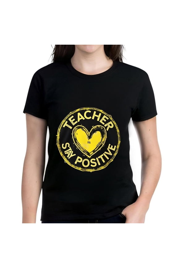 Cotton Short Sleeve T-Shirt for Women - Black Tee with Yellow Circular " TEACHER SAY POSITIVE " Design and Heart Center