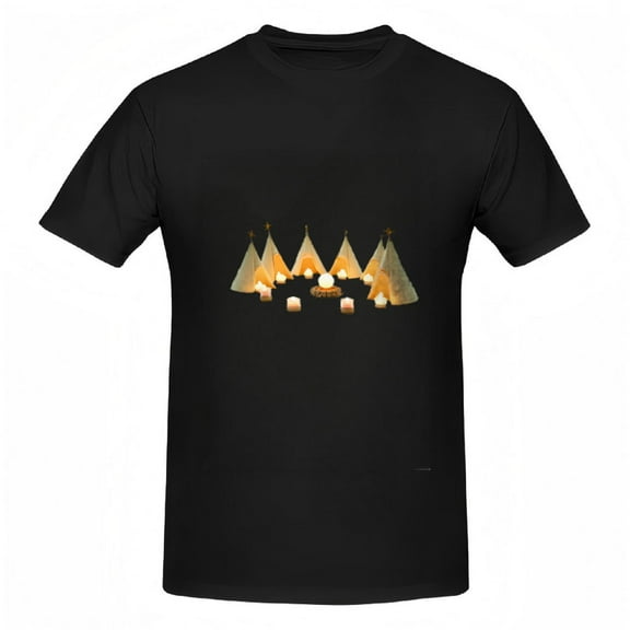 Cotton Short Sleeve T-Shirt for Women - Camping Tents Graphic with Star Toppers & Lit Candles Design - Outdoor Adventure Tee