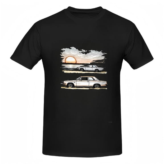Cotton Short Sleeve T-Shirt for Women - Classic Cars Graphic Design with Sunset Background Stylish Tee Top for Casual Wear
