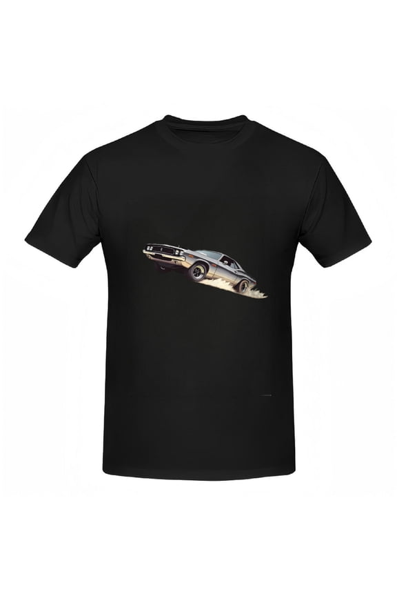 Cotton Short Sleeve T-Shirt for Women - Classic Muscle Car Graphic on Dusty Road Dynamic Design on Black Background