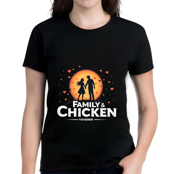 Cotton Short Sleeve T-Shirt for Women - Couple Holding Hands with Orange Circle & Hearts - Family & Chicken Together Graphic Tee
