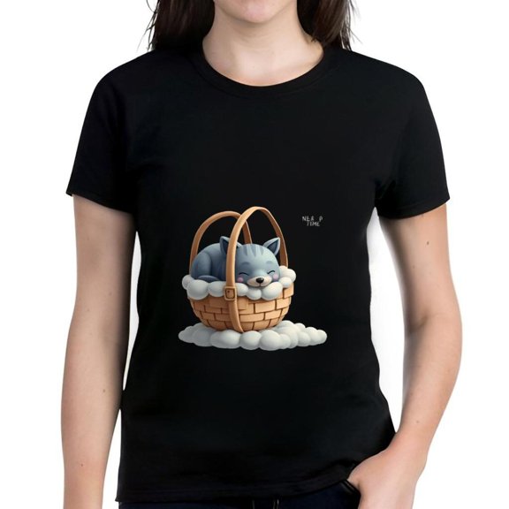 Cotton Short Sleeve T-Shirt for Women - Cute Cartoon Gray Cat Sleeping in Basket with Clouds Design - Relaxed Fit Tee for Casual Wear