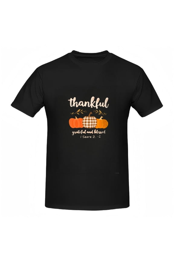 Cotton Short Sleeve T-Shirt for Women - Fall Pumpkin Designwith Leaves ' Thankful Grateful Blessed ' Graphic Tee